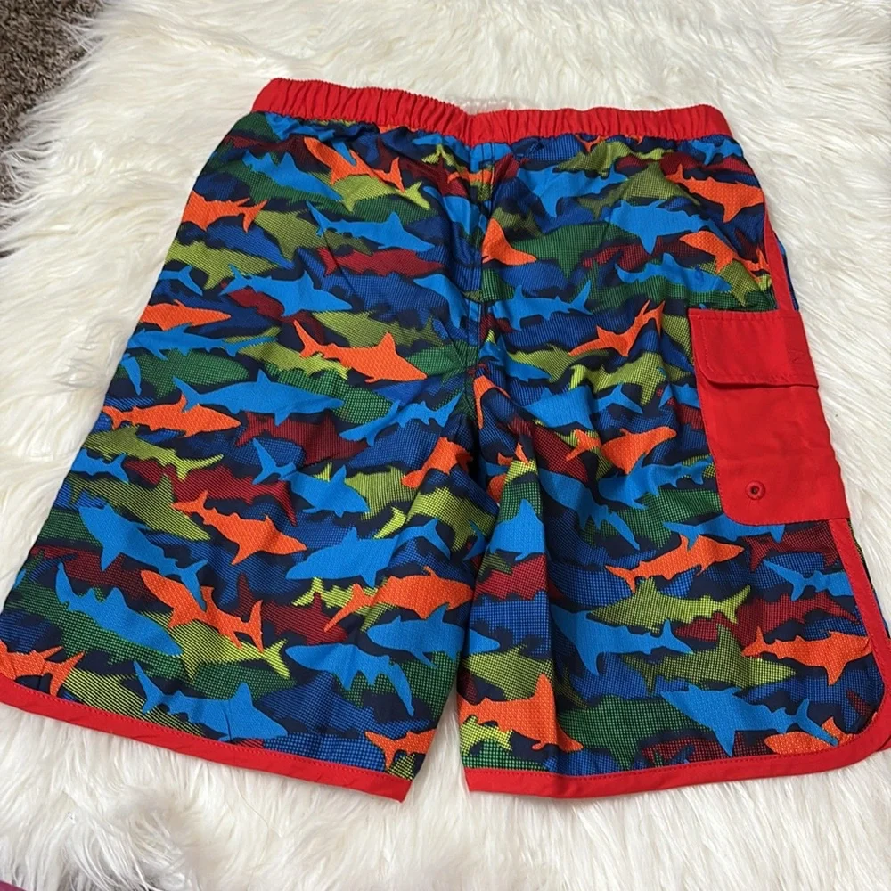 NEW In Packaging Lands End Deep Sea Navy Multi Sharks Swim Trunks Youth XL Slim
